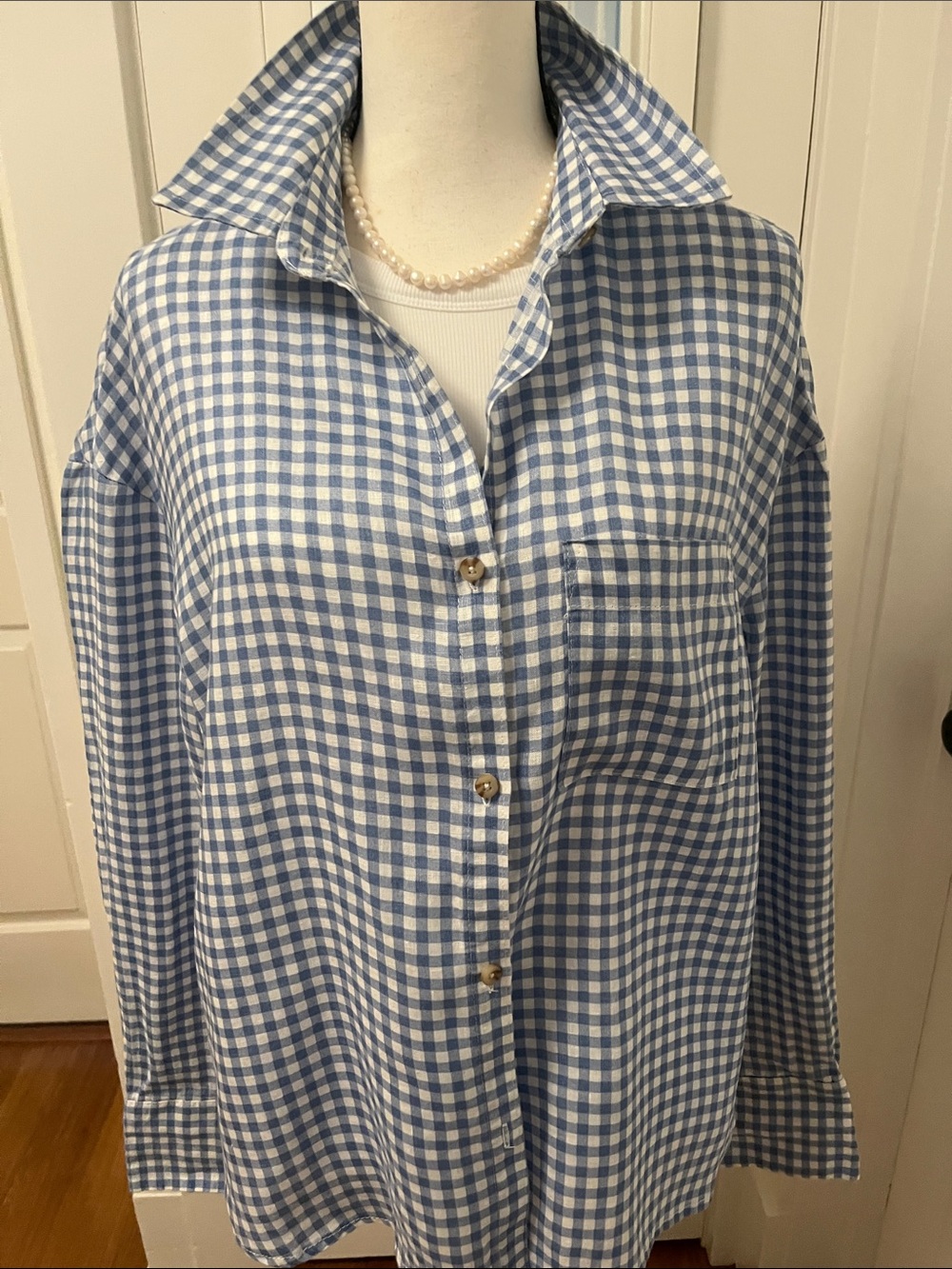 Saks Fifth Ave Linen Button Up Blue & White Gingham Plaid Long Sleeve Oversized